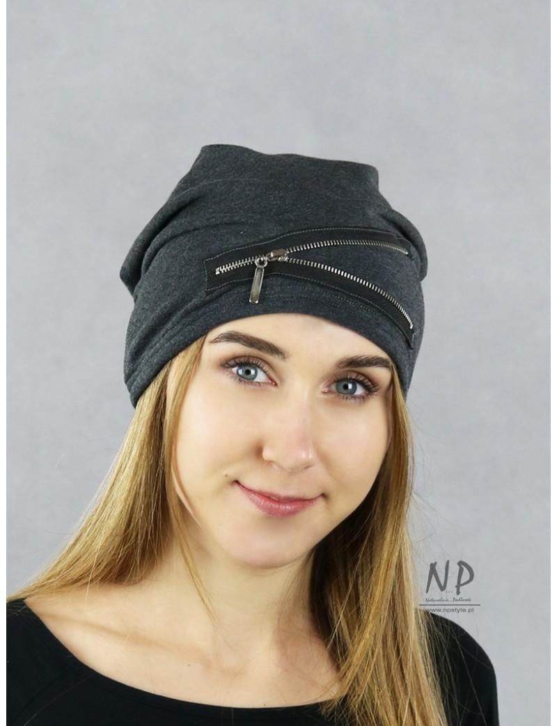 Gray knitted cotton cap with a sewn-on zipper