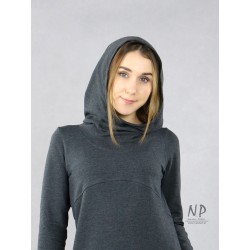 Maxi dress with a hood in gray color, made of knitted cotton, decorated with a hand-painted rose