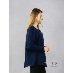 Hand-painted navy blue oversize knitted blouse with an asymmetrical hem