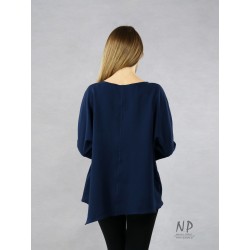 Hand-painted navy blue oversize knitted blouse with an asymmetrical hem