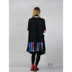 Long, knitted cotton vest with pockets, decorated with colorful patchwork