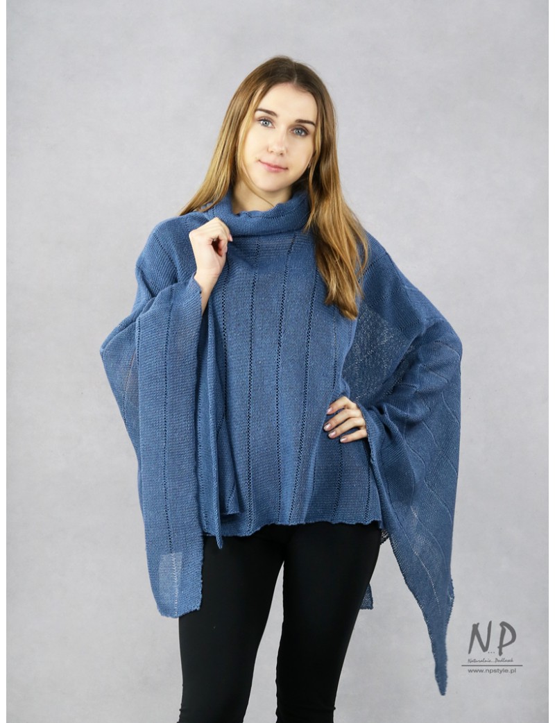 Blue turtleneck knitted poncho, made of linen yarn