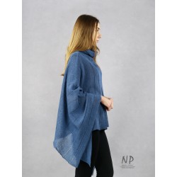 Blue turtleneck knitted poncho, made of linen yarn