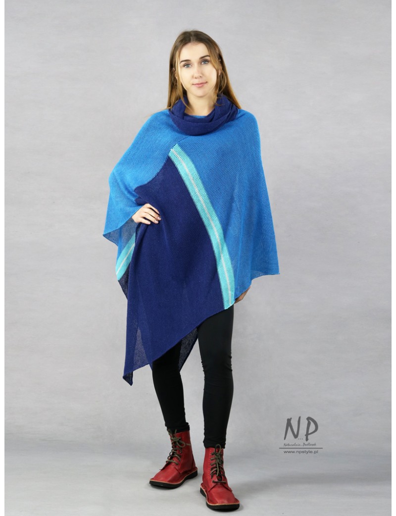 Long, turtleneck, knitted poncho, made of linen yarn