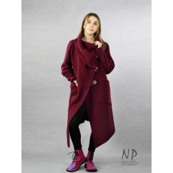 Maroon asymmetrical steamed wool coat with a large collar