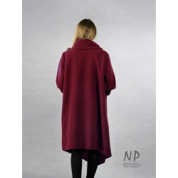 Maroon asymmetrical steamed wool coat with a large collar