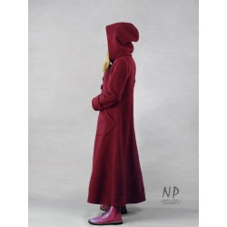 Women's maroon long winter coat with a hood, made of steamed wool