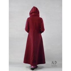 Women's maroon long winter coat with a hood, made of steamed wool