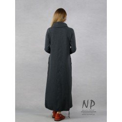 Long gray knitted turtleneck dress decorated with hand-painted patterns