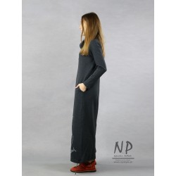 Long gray knitted turtleneck dress decorated with hand-painted patterns