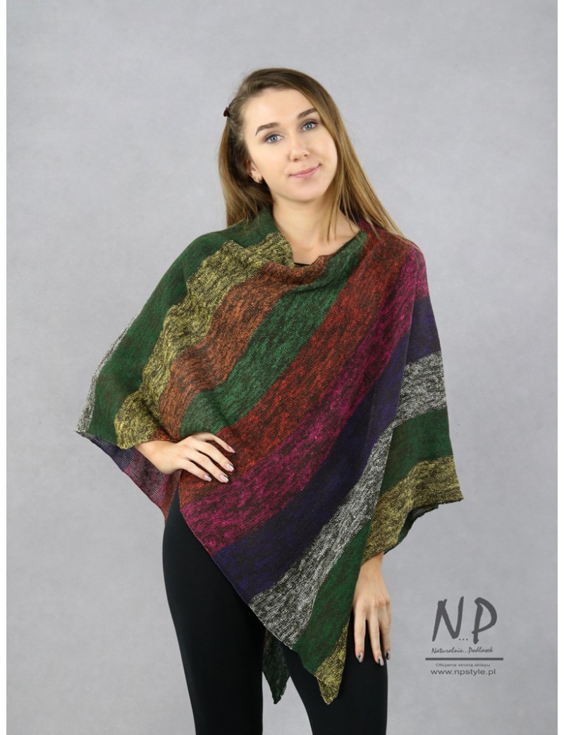 Colorful knitted linen poncho made by hand on a knitting machine