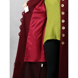 Long, maroon oversized winter coat with a hood, made of warm steamed wool