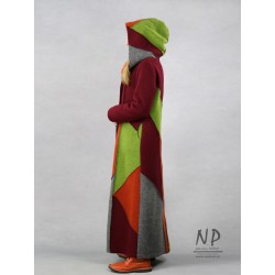 Long, patchwork winter coat with a hood, made of steamed wool