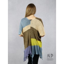 Kolorowa ręcznie robiona rozpinana bluzka damska w stylu oversize wykonana z naturalnego lnu