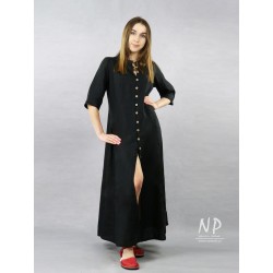 Long black dress with buttons, made of natural linen.