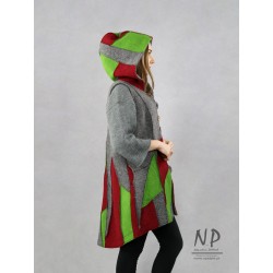 Long women's woolen vest with a hood, patchwork