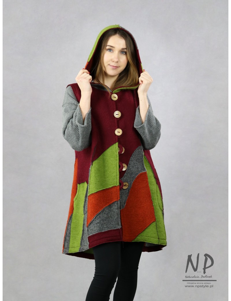 Long women's woolen vest with a hood, patchwork