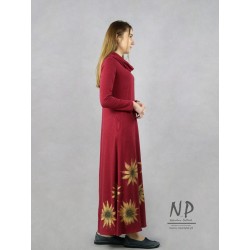 Long, burgundy knitted turtleneck dress, decorated with hand-painted flowers