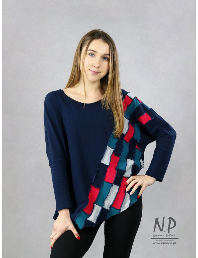 Women's navy blue oversize blouse with an asymmetrical hem and low sewn sleeves