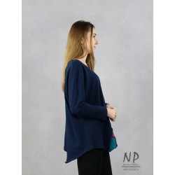 Women's navy blue oversize blouse with an asymmetrical hem and low sewn sleeves