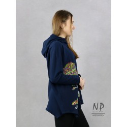 Navy blue hand-painted oversize women's blouse with an asymmetrical hem and low-sewn sleeves