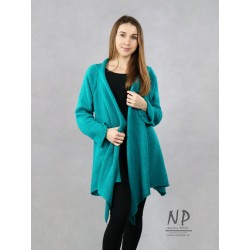Turquoise oversize women's cardigan made on a knitting machine from natural wool and acrylic