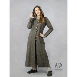 Long linen coat with a hood, made of natural linen, brown in color