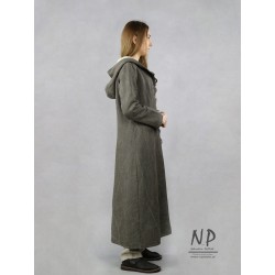 Long linen coat with a hood, made of natural linen, brown in color