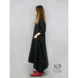 Czarna sukienka lniana maxi z rękawem ¾, typu oversize z wydłużonymi bokami