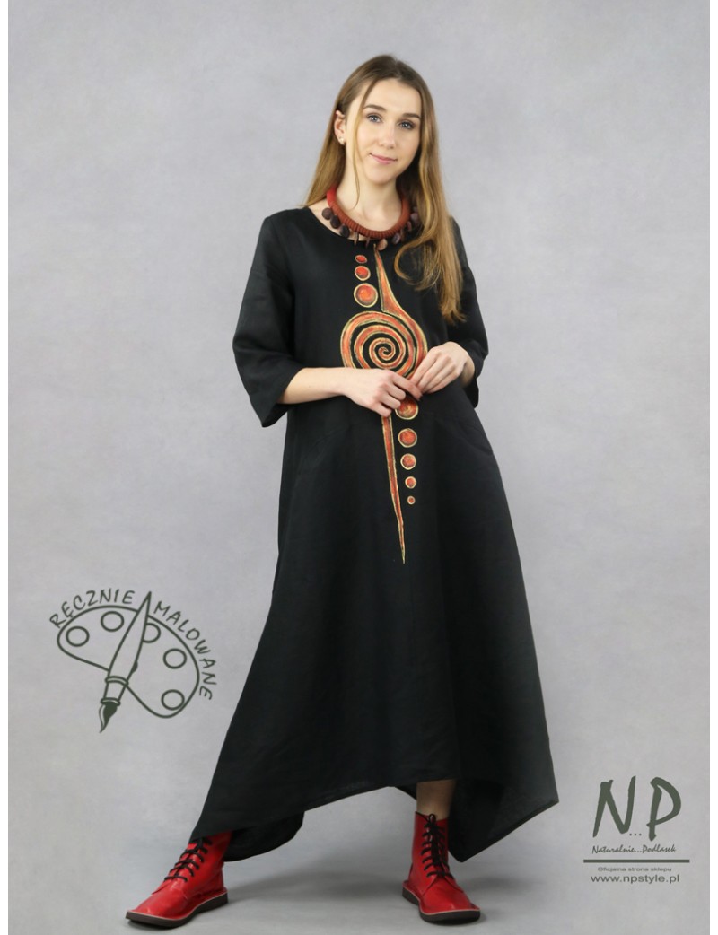 Oversized, hand-painted black long dress made of linen with an asymmetrical cut