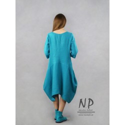 Turquoise short linen dress with a sleeve at the elbow and elongated corners