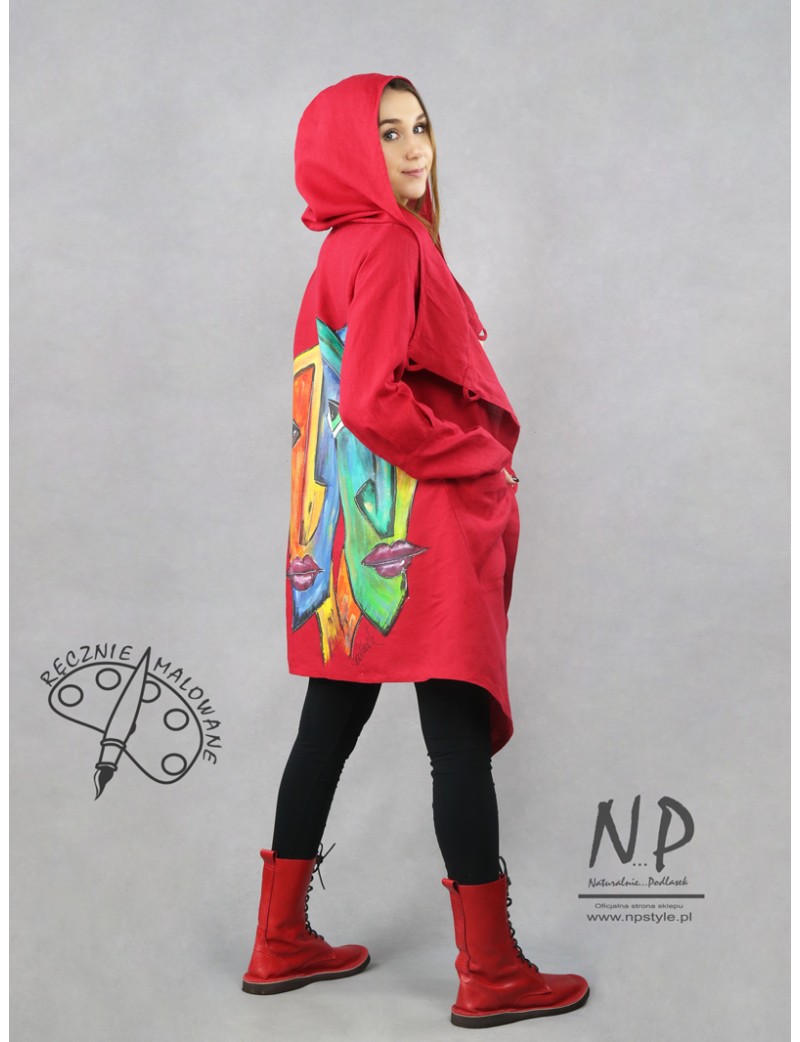 Hand painted short asymmetrical red women's coat with a hood