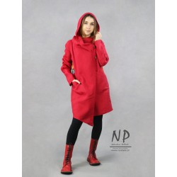 Hand painted short asymmetrical red women's coat with a hood