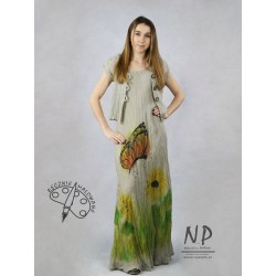 Długa, ręcznie malowana lniana sukienka na ramiączkach, uszyta ze skosu