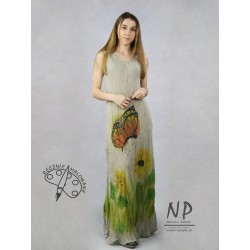 Long, hand-painted linen dress with straps, made of a bias