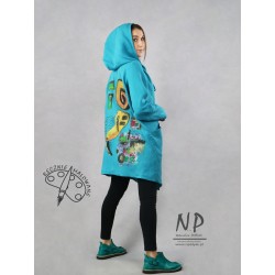 Hand painted short asymmetrical turquoise women's coat with a hood for spring