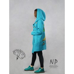 Hand painted short asymmetrical turquoise women's coat with a hood for spring