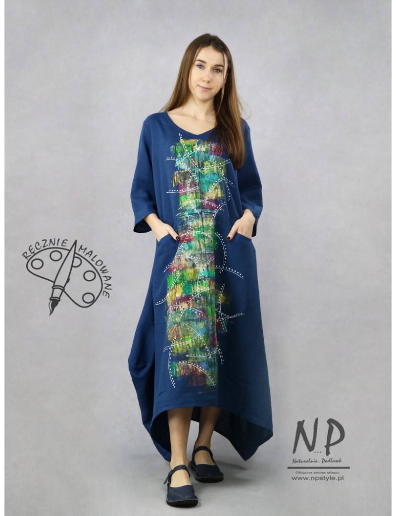 Oversizowa, ręcznie malowana długa sukienka z lnu o asymetrycznym kroju