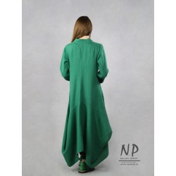 Long green linen coat with an asymmetrical stand-up collar