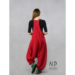 Ręcznie malowane damskie czerwone spodnie ogrodniczki typu Alladynki