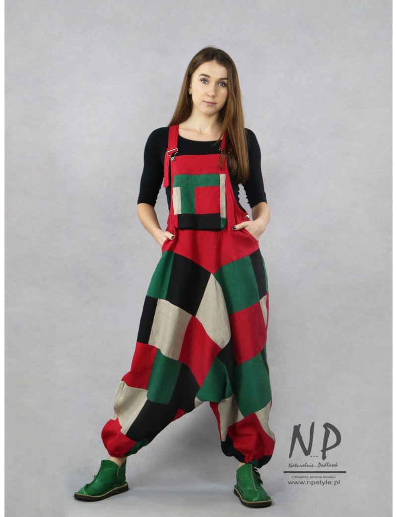 Women's dungarees with a lowered crotch, made of colorful pieces of linen