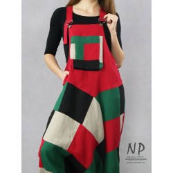 Women's dungarees with a lowered crotch, made of colorful pieces of linen