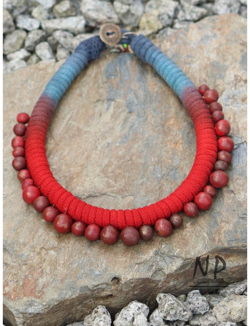 Women's necklace made of cotton string, decorated with hand-made ceramics