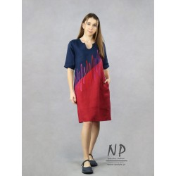 Two-color linen dress for the summer, decorated with colorful stitching