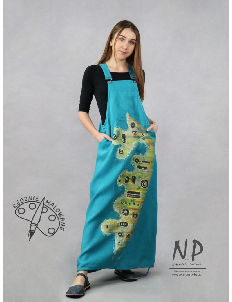 Ręcznie malowana sukienka ogrodniczka długa w kolorze turkusowym