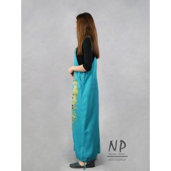 Ręcznie malowana sukienka ogrodniczka długa w kolorze turkusowym