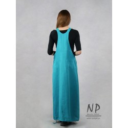 Hand-painted long gardener dress in turquoise color