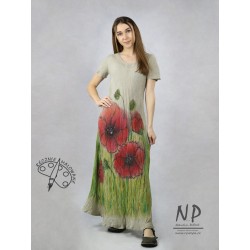 Hand-painted linen maxi dress with a sleeve