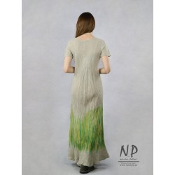 Ręcznie malowana w maki sukienka lniana maxi z rękawem