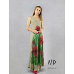 A linen dress with straps, hand-painted with poppies, made of a bias
